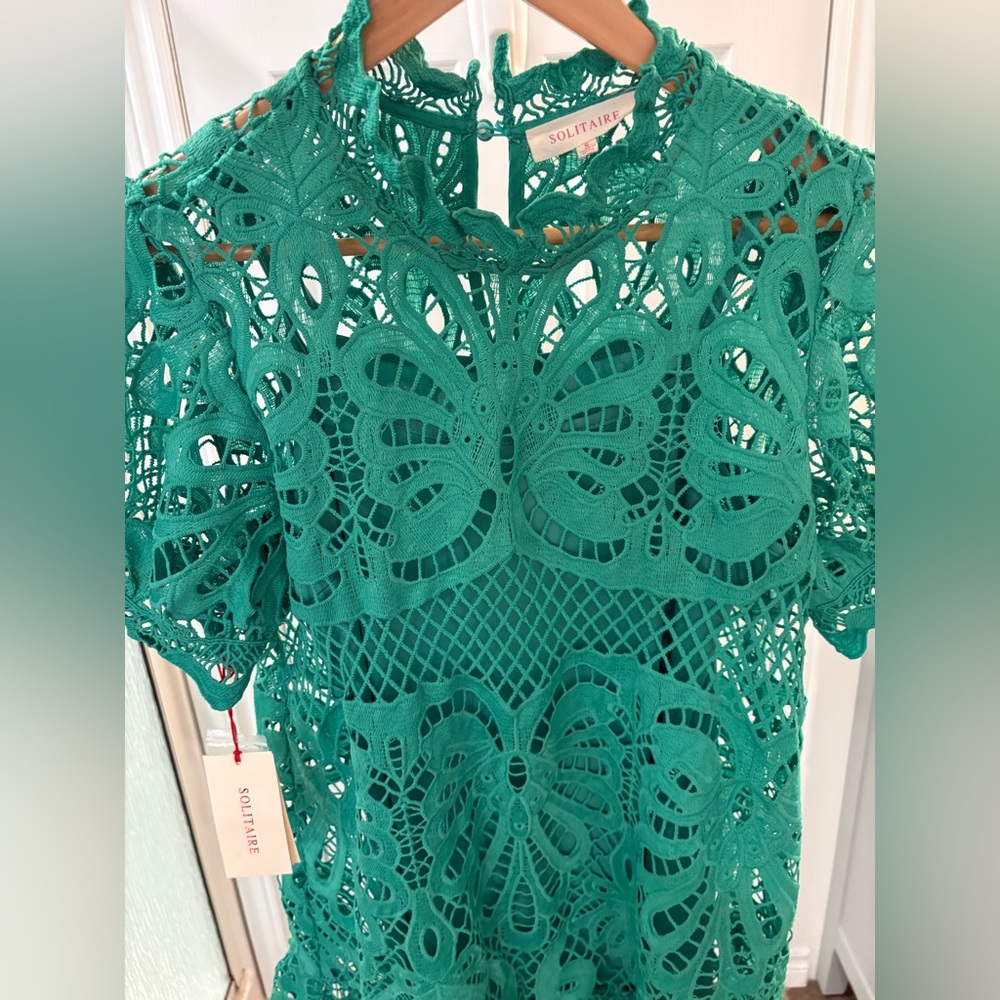Solitaire Green Cropped Embellished Midi Dress with Mandarin Collar